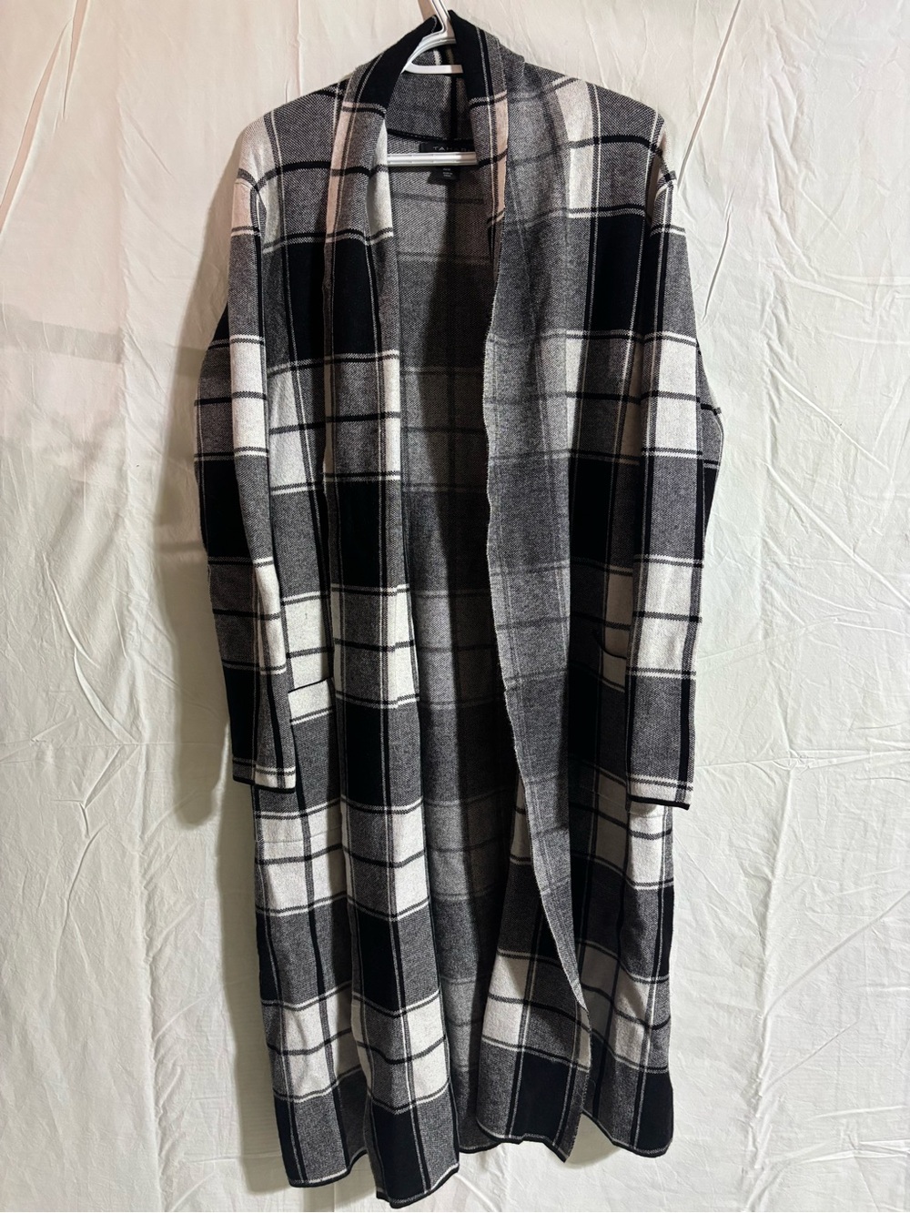 Tahari Black & White Plaid Open-Front Long Cardigan Coat